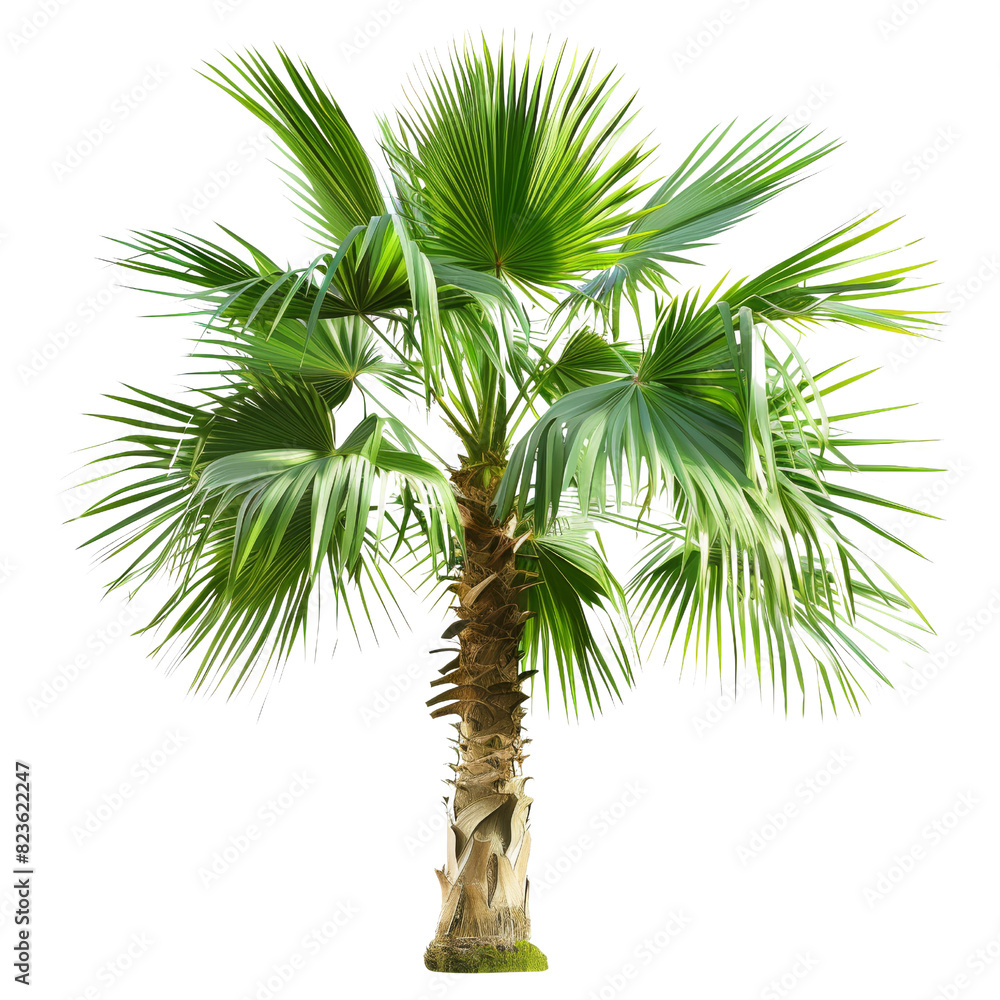 Fototapeta premium A palm tree with vibrant green leaves displayed on isolated transparent background and contrasted against the serene backdrop