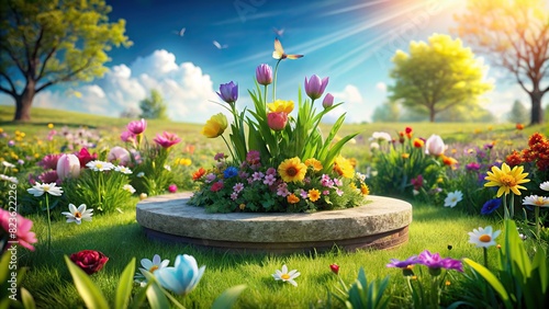 Vibrant 3D render of a spring scene with colorful flowers, lush green grass, and a stone podium for product placement