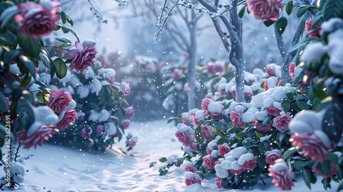 snow-covered garden with a bush of red roses the roses are covered in a light dustin photo