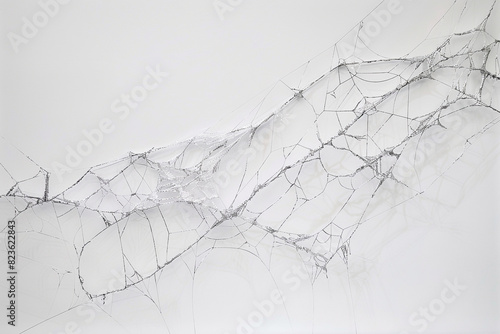 A series of delicate, fine lines of silver acrylic paint, intricate and shimmering, on a solid white background, mimicking the threads of a spider's web. photo