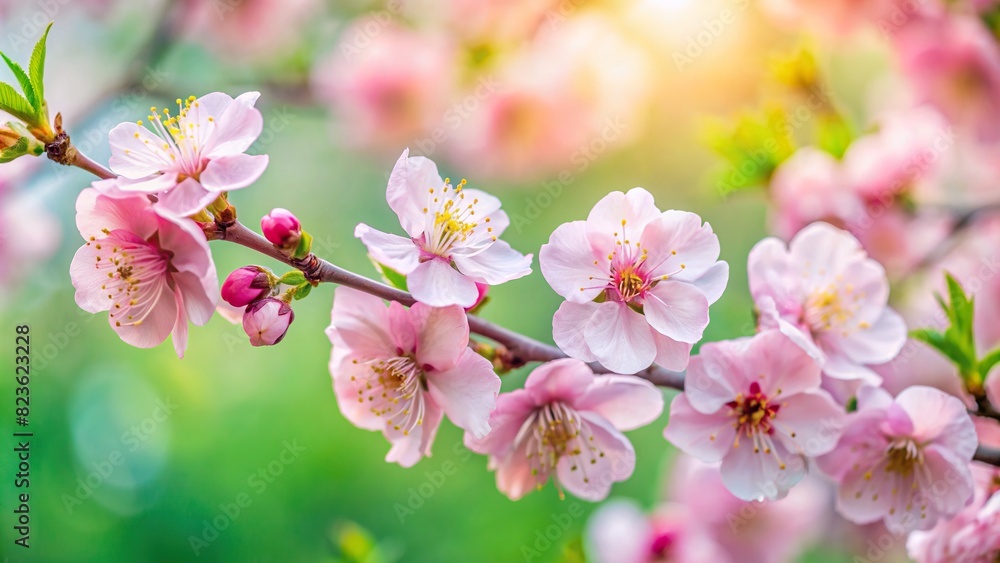 A close-up view of a blooming cherry blossom branch with soft pink petals and intricate details, set against a blurred green background