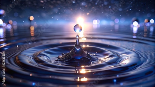 A close-up view of a single raindrop hitting the surface of water, creating ripples