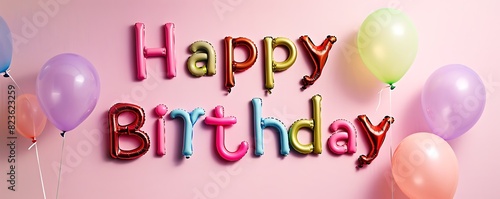 Happy Birthday written with beautiful stylish letters on a plain rose pink background with colorful balloons in the corner