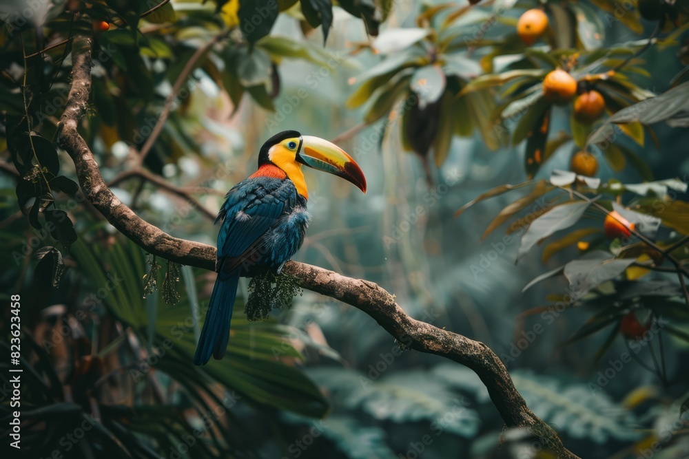 Obraz premium A vibrant toucan with colorful feathers is perched on a tree branch, showcasing its unique beauty and distinct features in its natural habitat