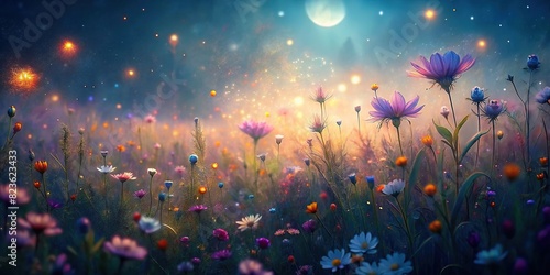 A dreamy and evocative image of wildflowers in a meadow, the shallow depth of field creating a soft and ethereal atmosphere, evoking a sense of tranquility photo