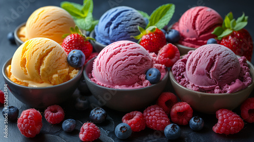 Ice Cream Scoops with Fruits - Ice cream scoops arranged in a bowl  surrounded by fresh fruits like strawberries  raspberries  and blueberries