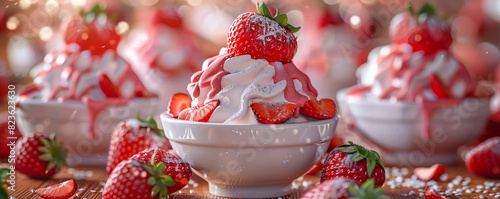 Delicious strawberry sundae topped with fresh strawberries and whipped cream, perfect for a summer dessert or sweet treat.