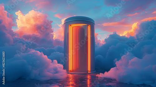 Futuristic portal amidst vibrant clouds, glowing at sunrise or sunset, depicting a gateway to another world or dimension.