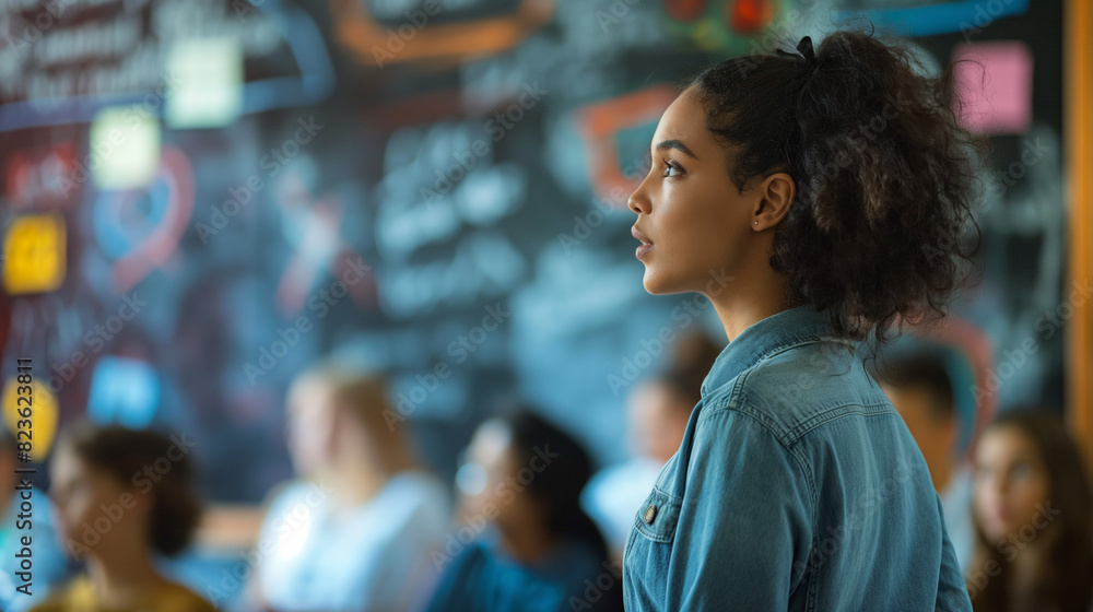 A teacher or professor is teaching in front of a chalkboard in classroom. A teacher or professor is teaching in front of a chalkboard in classroom.