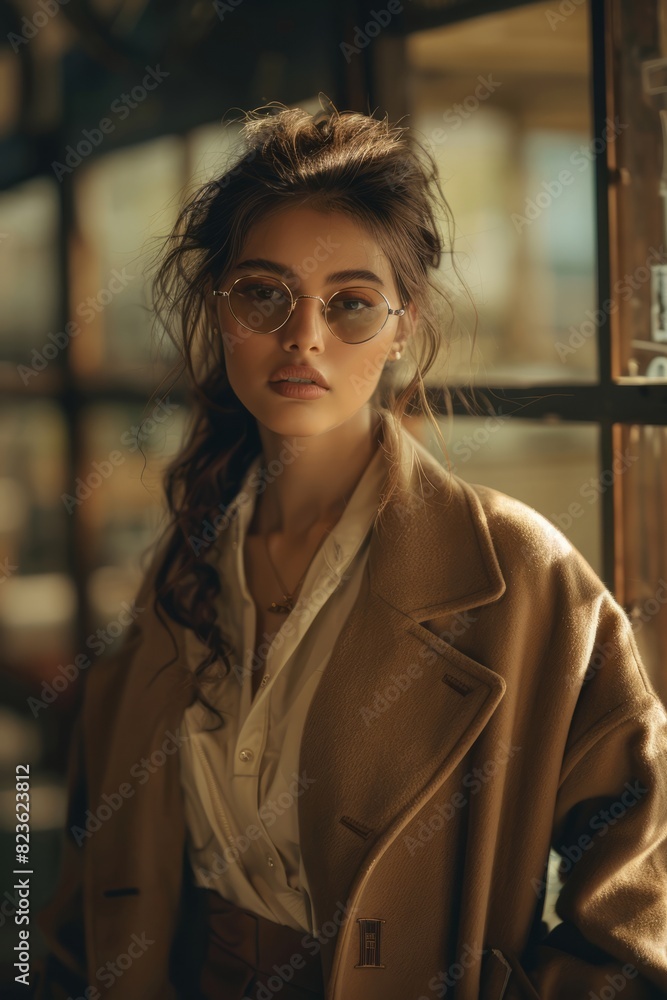 Fototapeta premium A confident fashion designer stands by a window, wearing a classic trench coat. She appears focused and stylish against the backdrop of the window