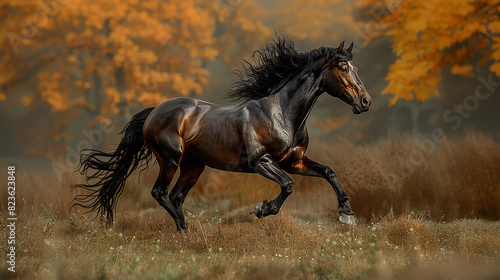 Majestic black horse running through an autumn field.