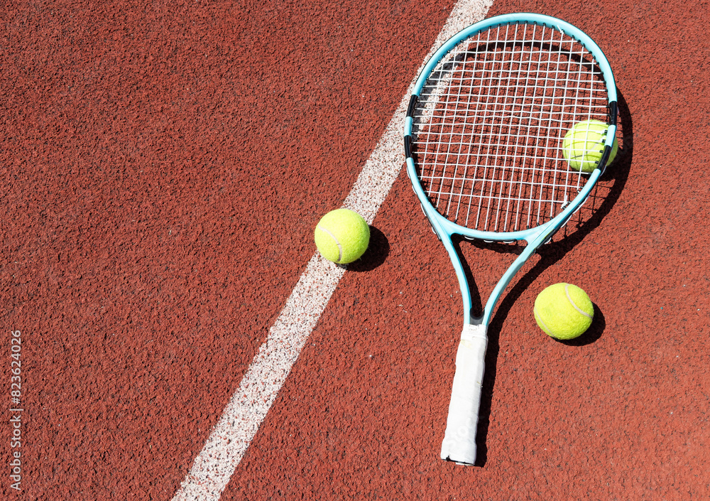 Tennis scene with balls, racquets and hard court surface corner lines