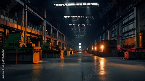 Interior of a steel mill; metal produced and kept in a metallurgical plant warehouse. View from within the dimly lit iron casting plant storage area. Theme: manufacturing, technology, and industry