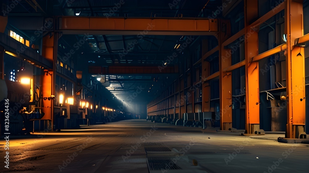 Interior of a steel mill; metal produced and kept in a metallurgical plant warehouse. View from within the dimly lit iron casting plant storage area. Theme: manufacturing, technology, and industry Interior of a steel mill; metal produced and kept in a metallurgical plant warehouse. View from within the dimly lit iron casting plant storage area. Theme: manufacturing, technology, and industry