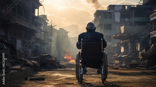 Elderly man in a wheelchair in front of the ruins destroyed in the war