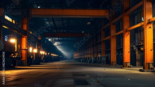 Interior of a steel mill; metal produced and kept in a metallurgical plant warehouse. View from within the dimly lit iron casting plant storage area. Theme: manufacturing, technology, and industry