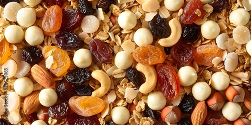 Trail mix a snack mix of granola dried fruit nuts and candy. Concept Trail mix, snack, granola, dried fruit, nuts, candy photo