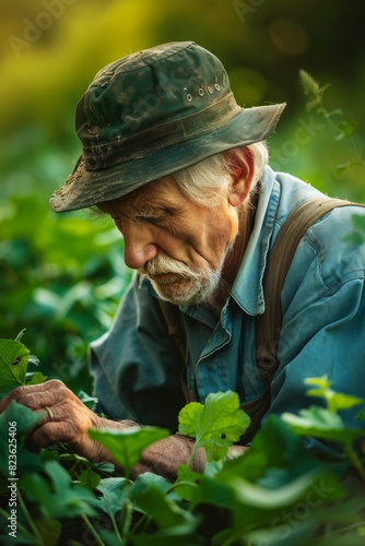 A man wearing a green hat is picking leaves from a plant in a field. The farmer is focused on tending to the crops in the bright sunlight