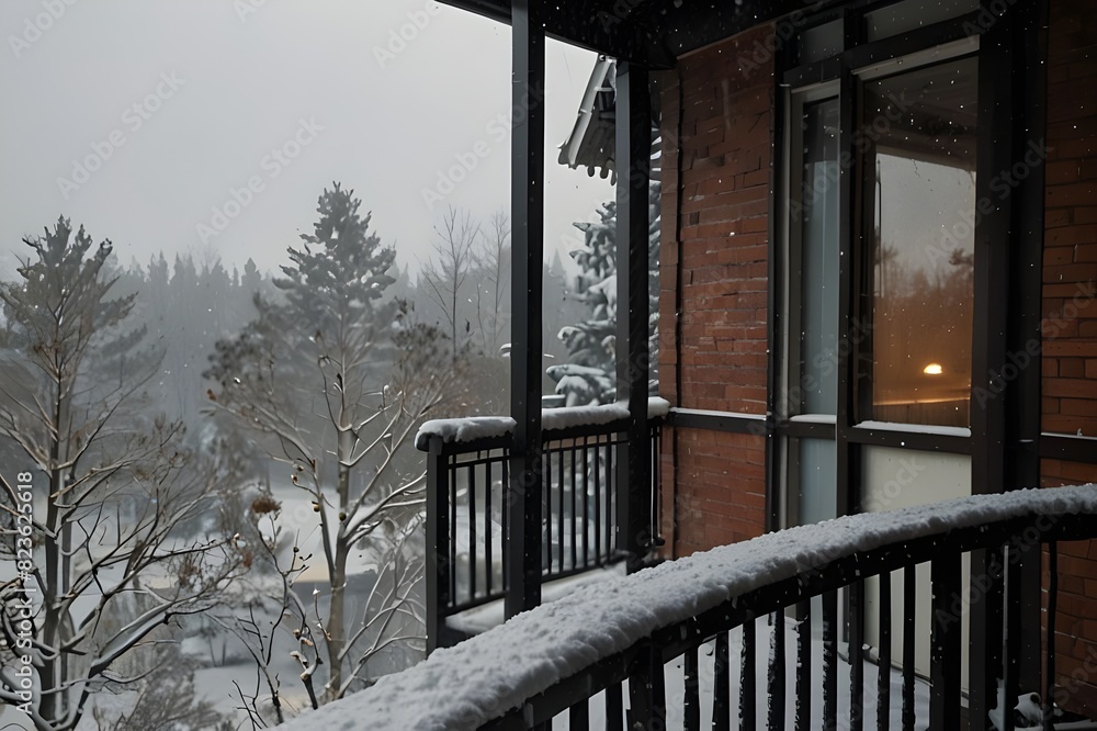 Fototapeta premium Snowfall from the balcony view