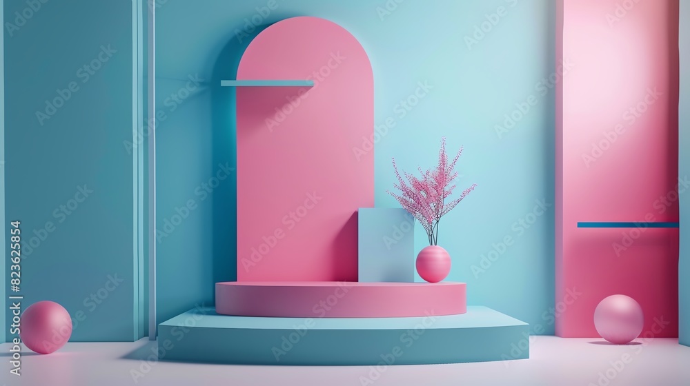 Modern minimalistic pastel pink and blue abstract interior with geometric shapes and decorative elements on a pedestal. Modern minimalistic pastel pink and blue abstract interior with geometric shapes and decorative elements on a pedestal.