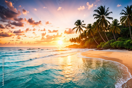 Beautiful tropical seaside in sunset, serene atmosphere, gentle sunlight, beach and palm trees, slow surf photo