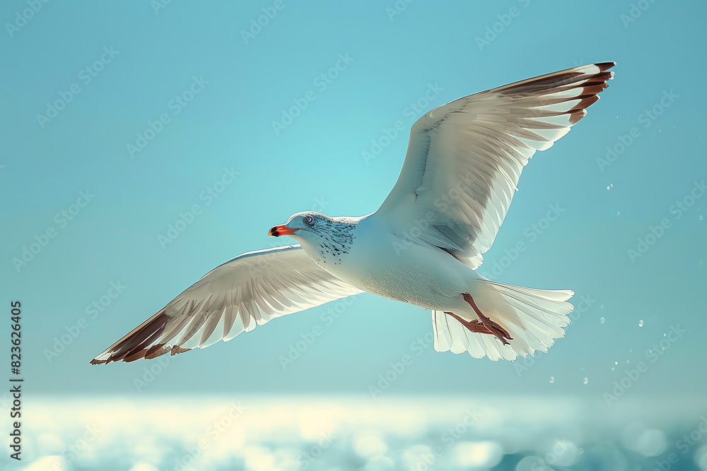 Obraz premium A majestic seagull soars through the sky, its wings outstretched and its feathers glistening in the sunlight