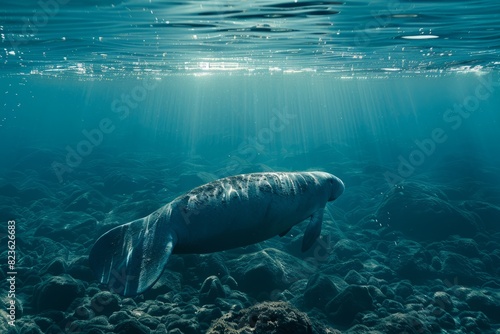 A manatee gracefully swims through the water in the ocean. The gentle marine mammal moves its large body effortlessly, exploring its aquatic surroundings photo