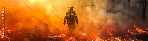 Firefighter battling a forest fire, with flames in the background, a banner with space on the right side for text or design, a fire fighter concept photo, with a wide angle shot, bright colors.
