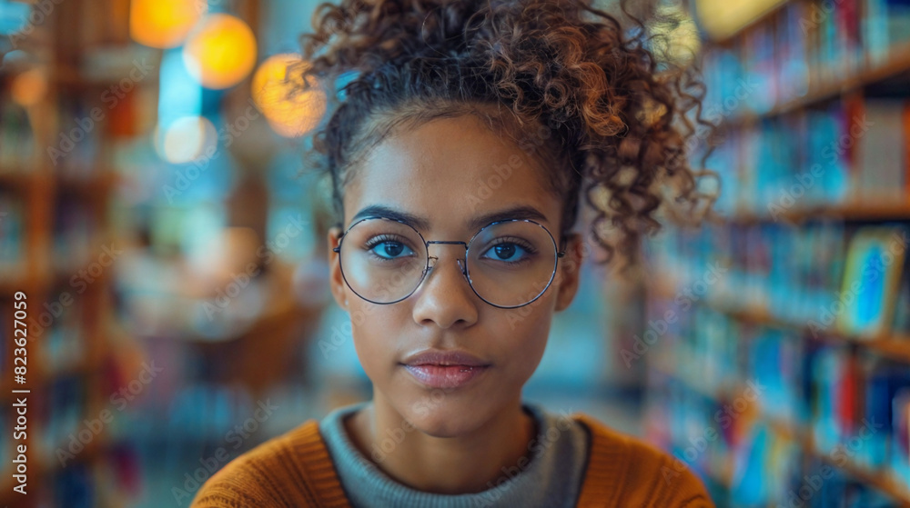 A young woman with curly hair and glasses is standing in a library. She is looking directly at the camera A young woman with curly hair and glasses is standing in a library. She is looking directly at the camera