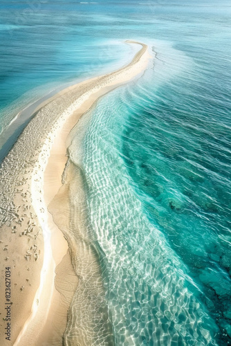 Aerial view of a sandbar in shallow, clear water, highlighting the natural curves and the interplay of light and shadow on the sand. Emphasize the simplicity and beauty of the scene. 