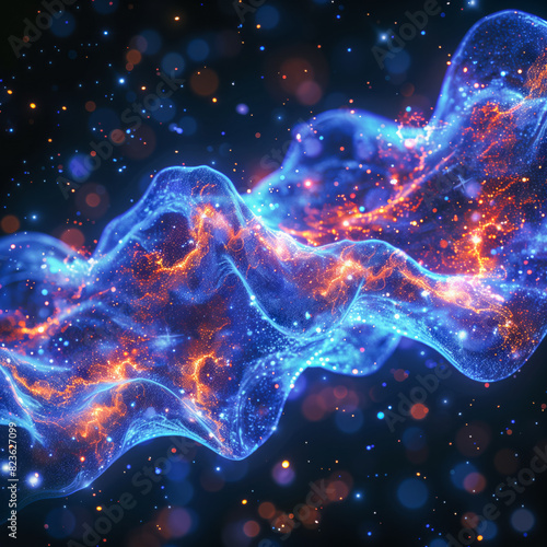 Abstract waves background, blue synth waves, orange light particles and dust on dark background, abstract concept inspired by technology and informatics