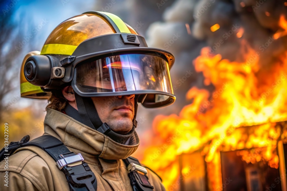 Fototapeta premium A firefighter using an AI-enhanced visor to receive predictive analytics on fire behavior and optimal strategies for containment