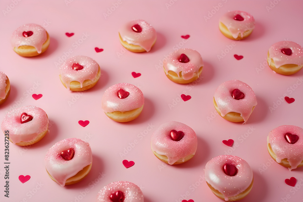 Notion of Valentine's Day with isolated little donuts on a pink backdrop. Notion of Valentine's Day with isolated little donuts on a pink backdrop.