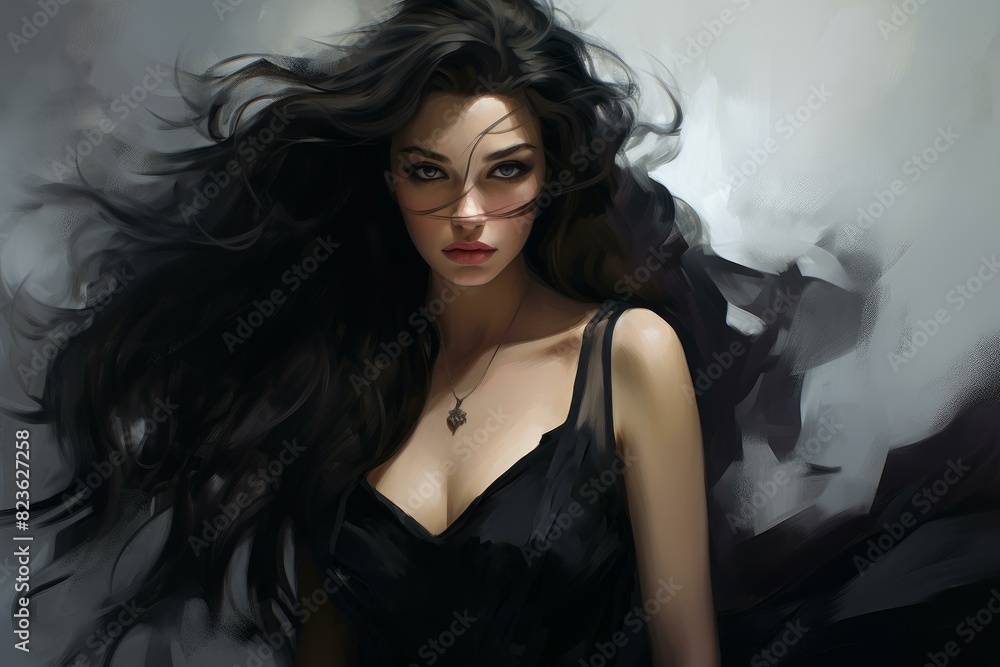 Artistic portrait of a woman with dark, flowing hair and captivating gaze Artistic portrait of a woman with dark, flowing hair and captivating gaze