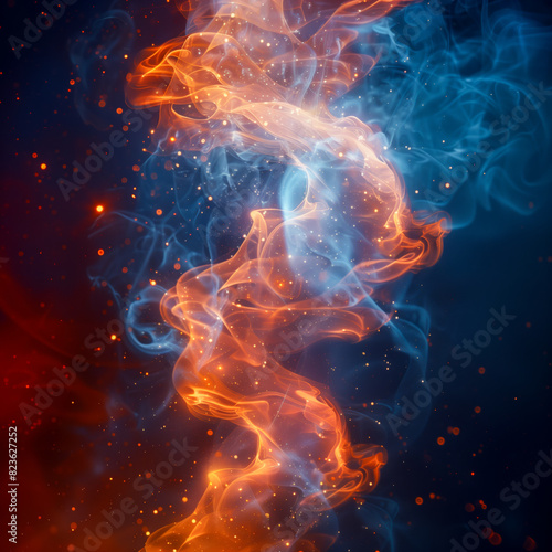 Abstract background, orange and blue waves, light particles and dust on dark background, abstract concept inspired by technology and informatics