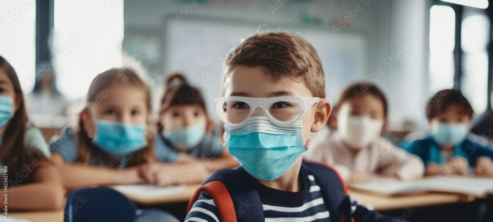 Kids in the classsrom with protective masks. Kids in the classsrom with protective masks.