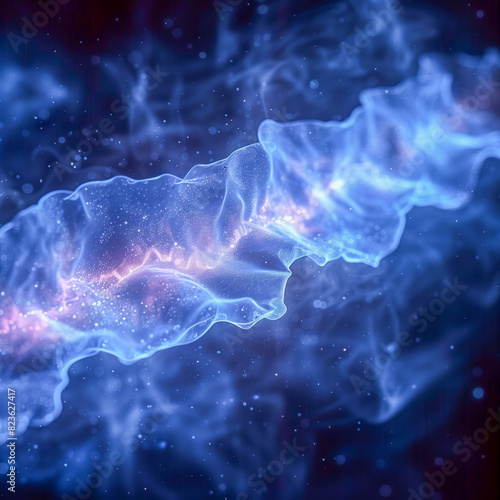 Abstract blue waves background, synth waves and light particles and dust on dark background, abstract concept inspired by technology and informatics