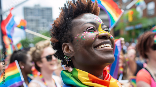 A person with a rainbow scarf cheering at a pride parade