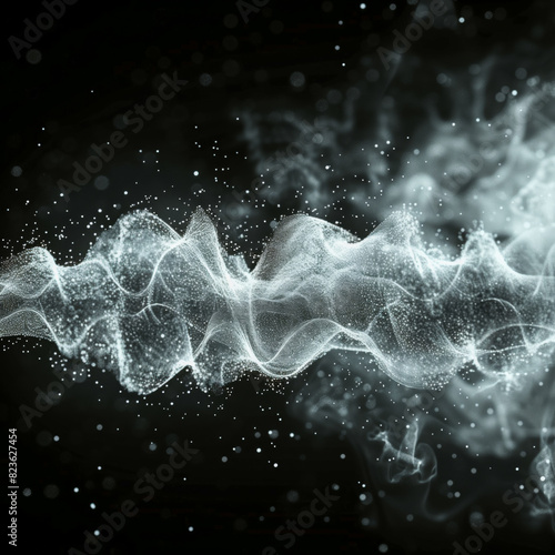 Abstract waves background, synth waves and light particles and dust on dark background, abstract concept inspired by technology and informatics