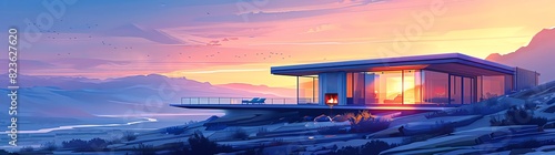 Illustration of the exterior view of a modern house with glass windows and a fireplace in front, set against a mountain landscape background in daylight with sunset light and orange and blue colors, i photo