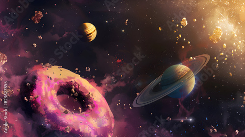 A donut planet floating in space, representing a surreal and dreamlike celestial exploration. Suitable for science fiction or fantasy-themed designs and concepts.