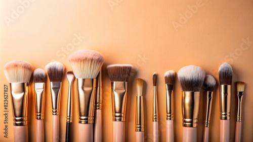 Cosmetic makeup brush on a pink background. Cosmetic product for make-up. Creative and beauty fashion concept. Fashion. Collection of cosmetic makeup brushes  top view  banner