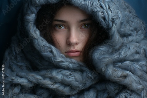Portrait of a woman with intense gaze peeking out from a thickly woven blue scarf photo
