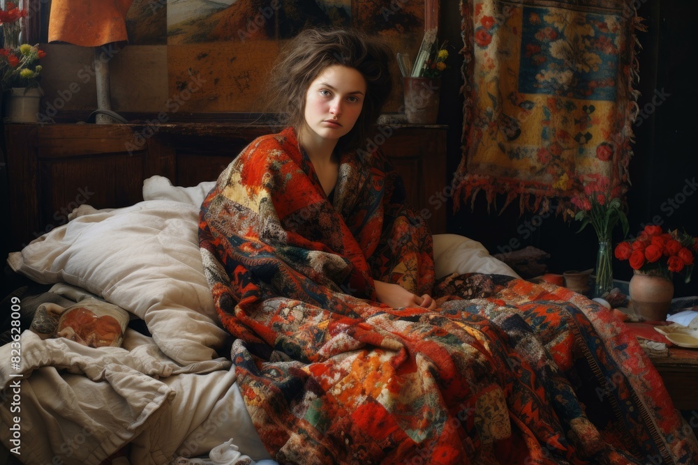 A young woman wrapped in a colorful blanket sits thoughtfully in a rustic bedroom A young woman wrapped in a colorful blanket sits thoughtfully in a rustic bedroom