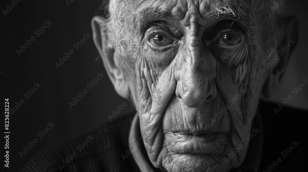 Moody black and white portrait of an elderly man, with deep wrinkles and intense eye contact --ar 16:9 --style raw Job ID: 11808c5a-aca6-4d0b-b024-f3a7fddda678 Moody black and white portrait of an elderly man, with deep wrinkles and intense eye contact --ar 16:9 --style raw Job ID: 11808c5a-aca6-4d0b-b024-f3a7fddda678