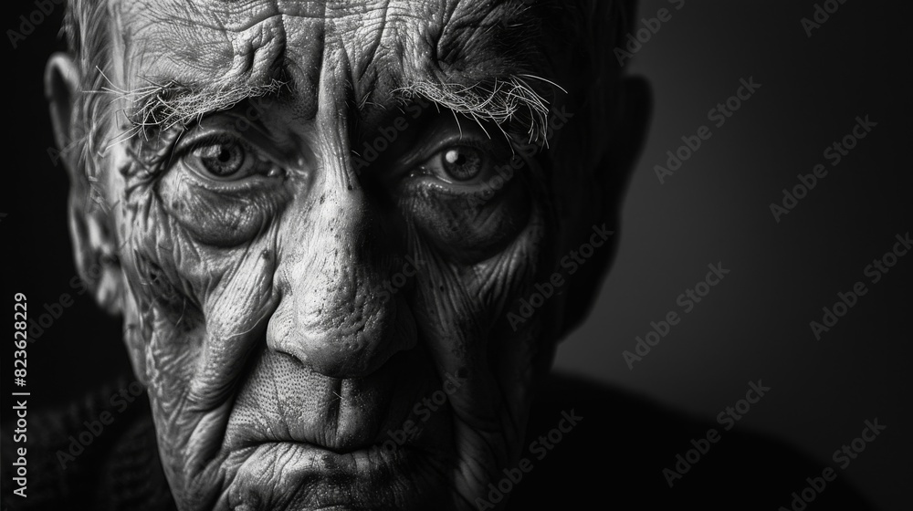 Moody black and white portrait of an elderly man, with deep wrinkles and intense eye contact Moody black and white portrait of an elderly man, with deep wrinkles and intense eye contact