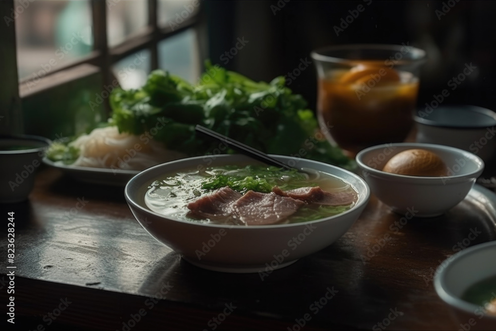 Tranquil Vietnamese Pho Meal with Beef and Fresh Herbs by Dim Window Light Tranquil Vietnamese Pho Meal with Beef and Fresh Herbs by Dim Window Light