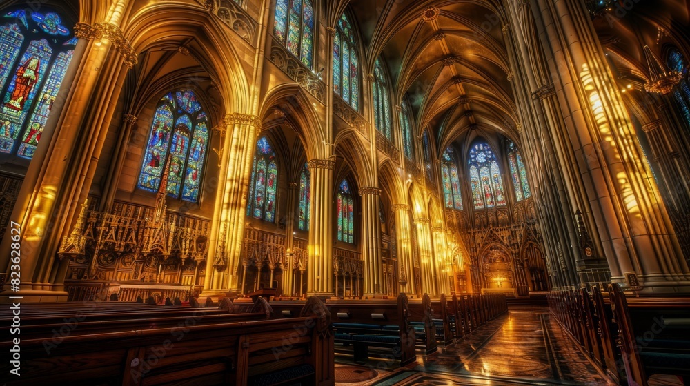 Obraz premium Photo of a historic cathedrals interior, showcasing the intricate details and stained glass windows in HDR --ar 16:9 --style raw Job ID: b77d40f9-9c94-4b52-aa3f-ce94b606f65f