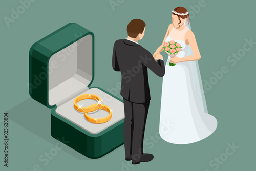 Isometric Golden wedding rings in a gift box, the groom in a suit and the bride in a brown wedding dress. Wedding ceremony. Wedding day. Marriage concept.