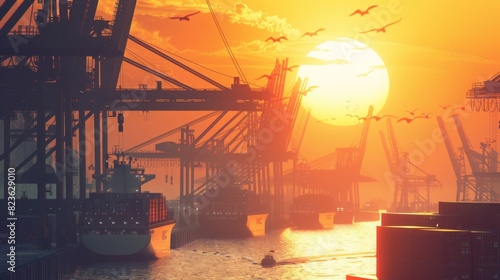 port container terminal at dusk, with the sun setting behind the cranes and ships, creating a serene yet bustling scene, in a photorealistic style. --ar 16:9 --style raw Job 